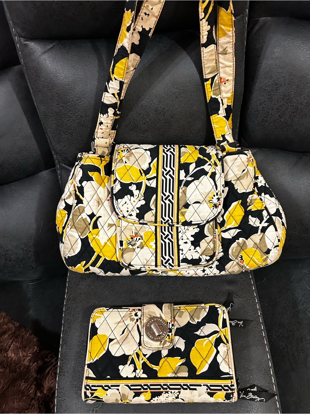 Vera Bradley Quilted Floral Shoulder Bag and Wallet Set in Yellow and Black